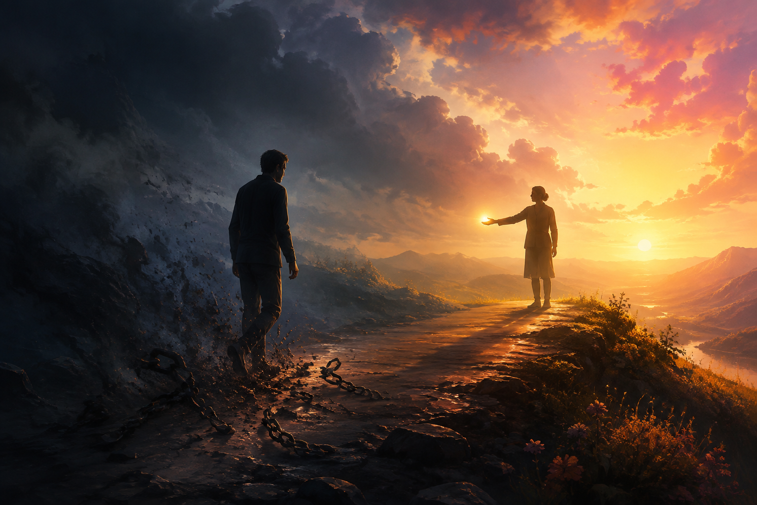 Anonymous figure stepping from darkness into a golden sunrise toward a steady light
